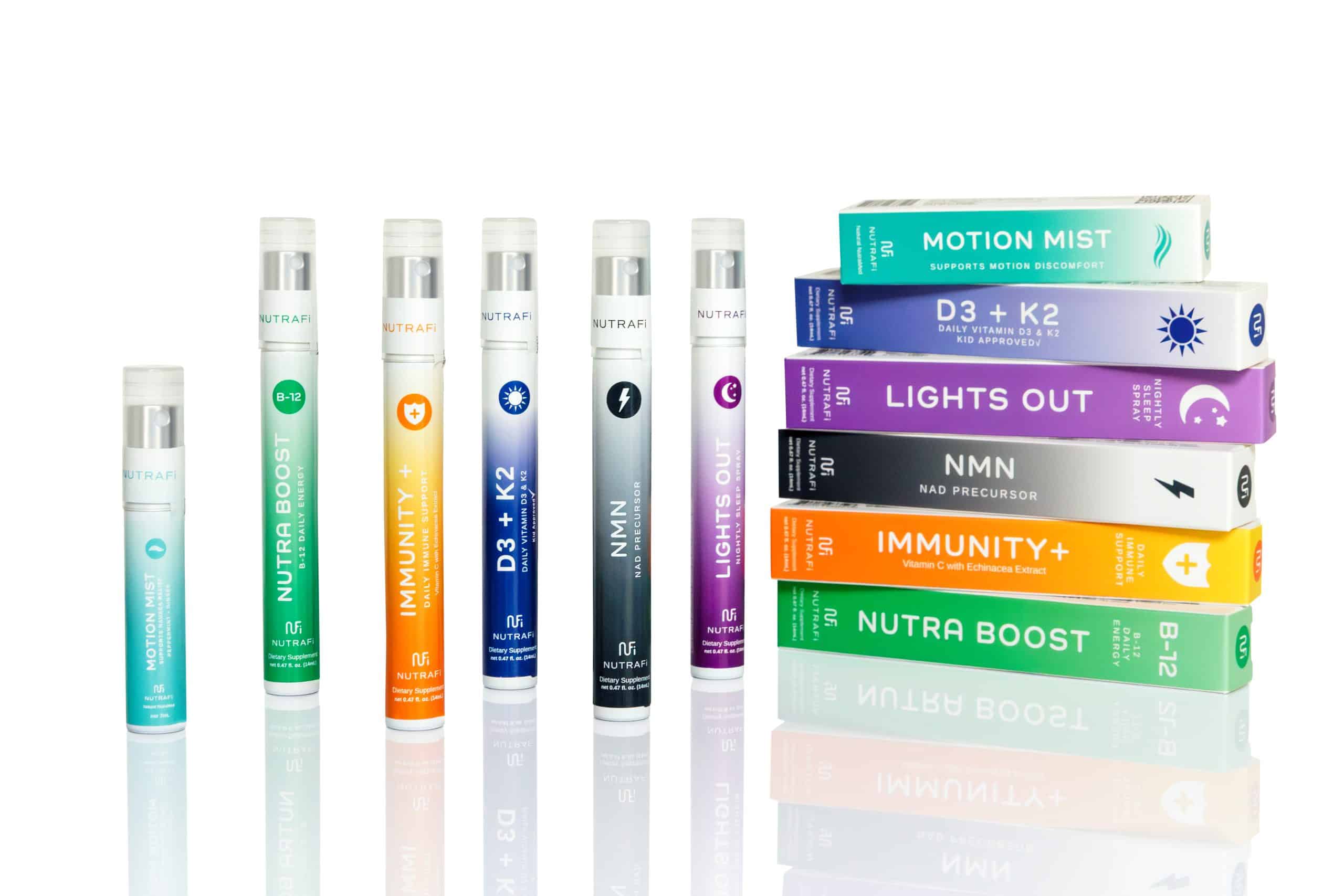NutraFi oral wellness spray collection including Motion Mist, Nutra Boost B-12, Immunity plus, D3 plus K2, NMN, and Lights Out
