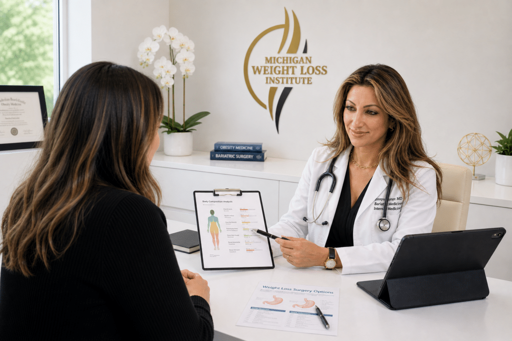 Dr. Rita Kathawa reviews bariatric surgery and weight loss treatment options with a patient during a consultation at Michigan Weight Loss Institute.