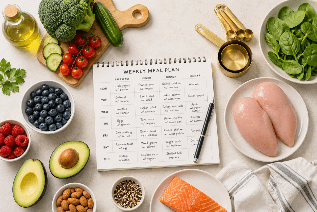 Overhead flat lay of healthy meal planning for weight loss with a weekly meal planner, fresh vegetables, lean protein, berries, avocado, measuring cups, and clean meal prep tools on a neutral countertop.