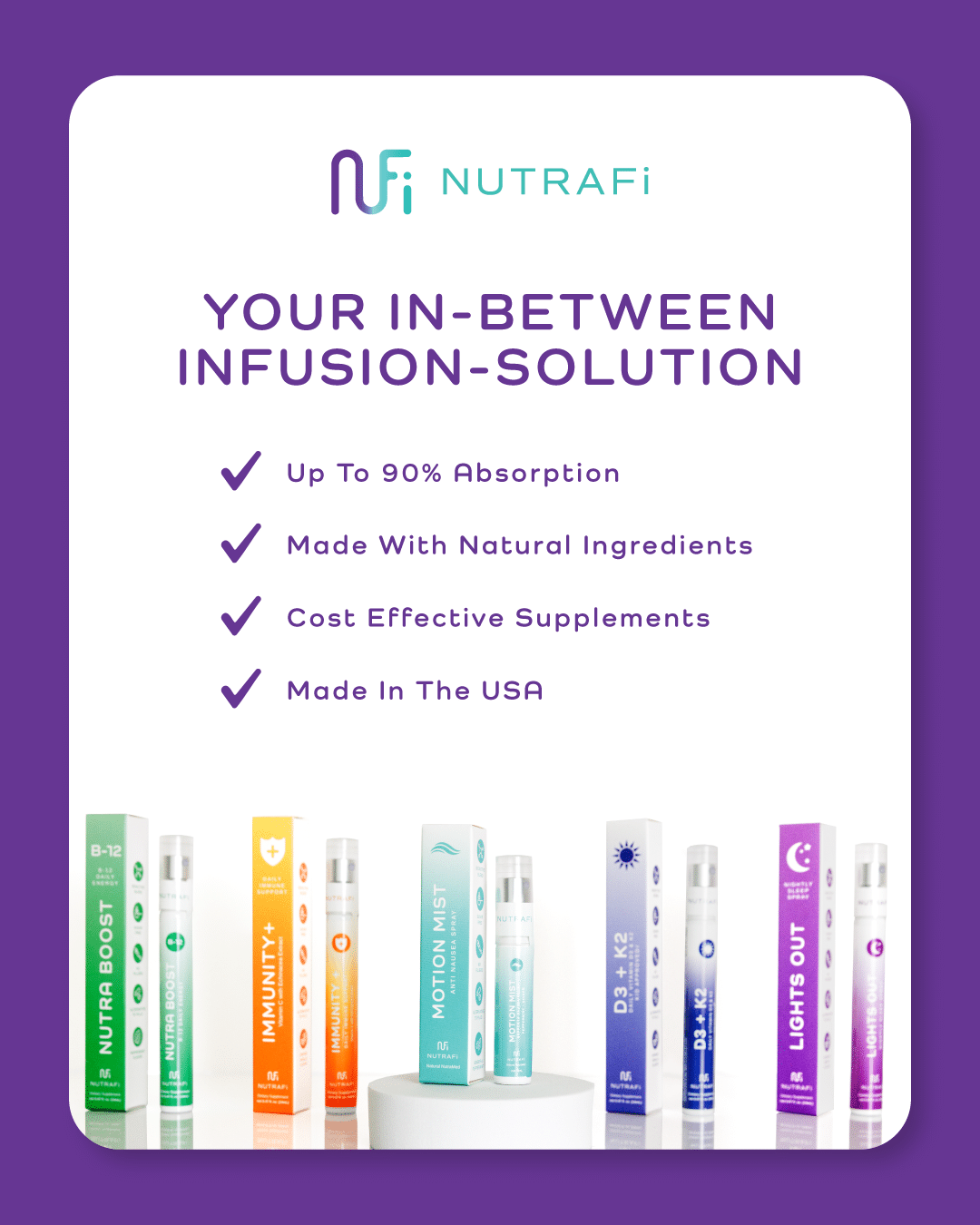 NutraFi as your in-between infusion solution with up to 90 percent absorption, natural ingredients, cost effective supplements, and made in the USA