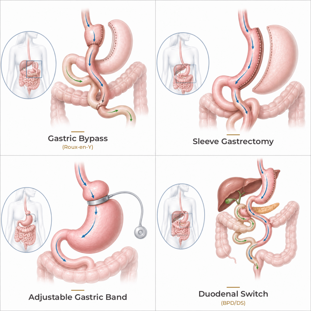 Labeled medical illustration comparing four bariatric surgery types: gastric bypass (Roux-en-Y), sleeve gastrectomy, adjustable gastric band, and duodenal switch (BPD/DS).