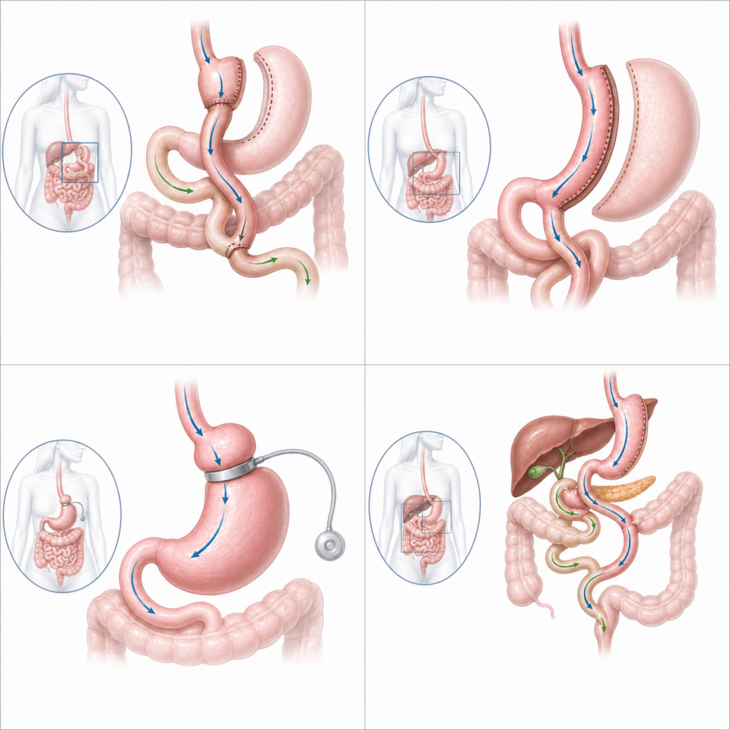 Medical illustration comparing four types of bariatric surgery including gastric bypass, gastric sleeve, adjustable gastric band, and duodenal switch in a clean 2x2 anatomical grid.
