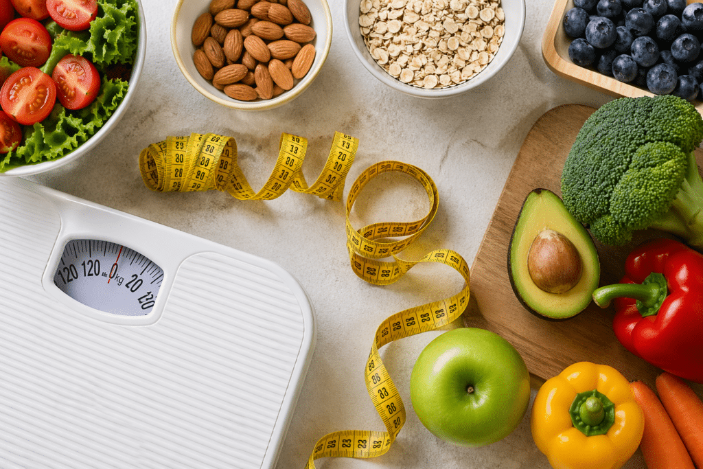 Healthy weight loss flat lay with scale, measuring tape, and nutrient dense foods like avocado, berries, nuts, and vegetables