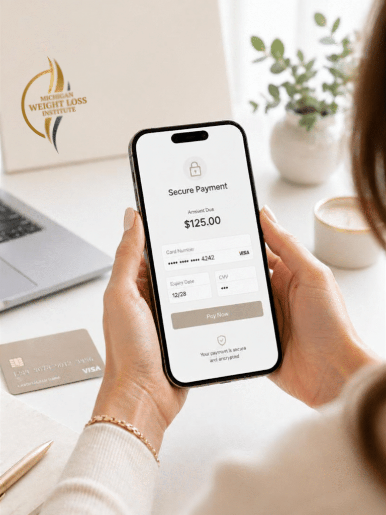 Woman using smartphone to complete a secure online payment for Michigan Weight Loss Institute, showing a clean mobile checkout screen with payment details, credit card, and modern medical office workspace in the background.