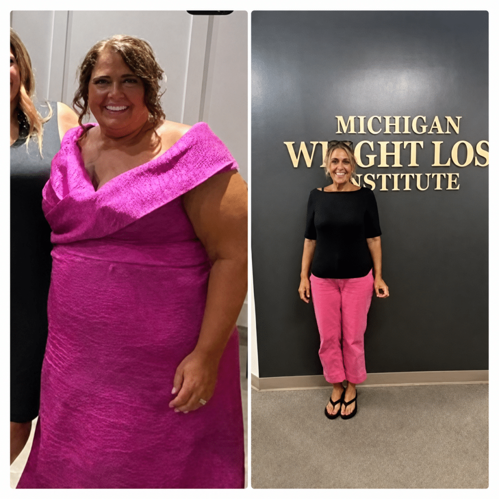 Side-by-side before-and-after photos of a patient following a medically supervised weight loss journey.